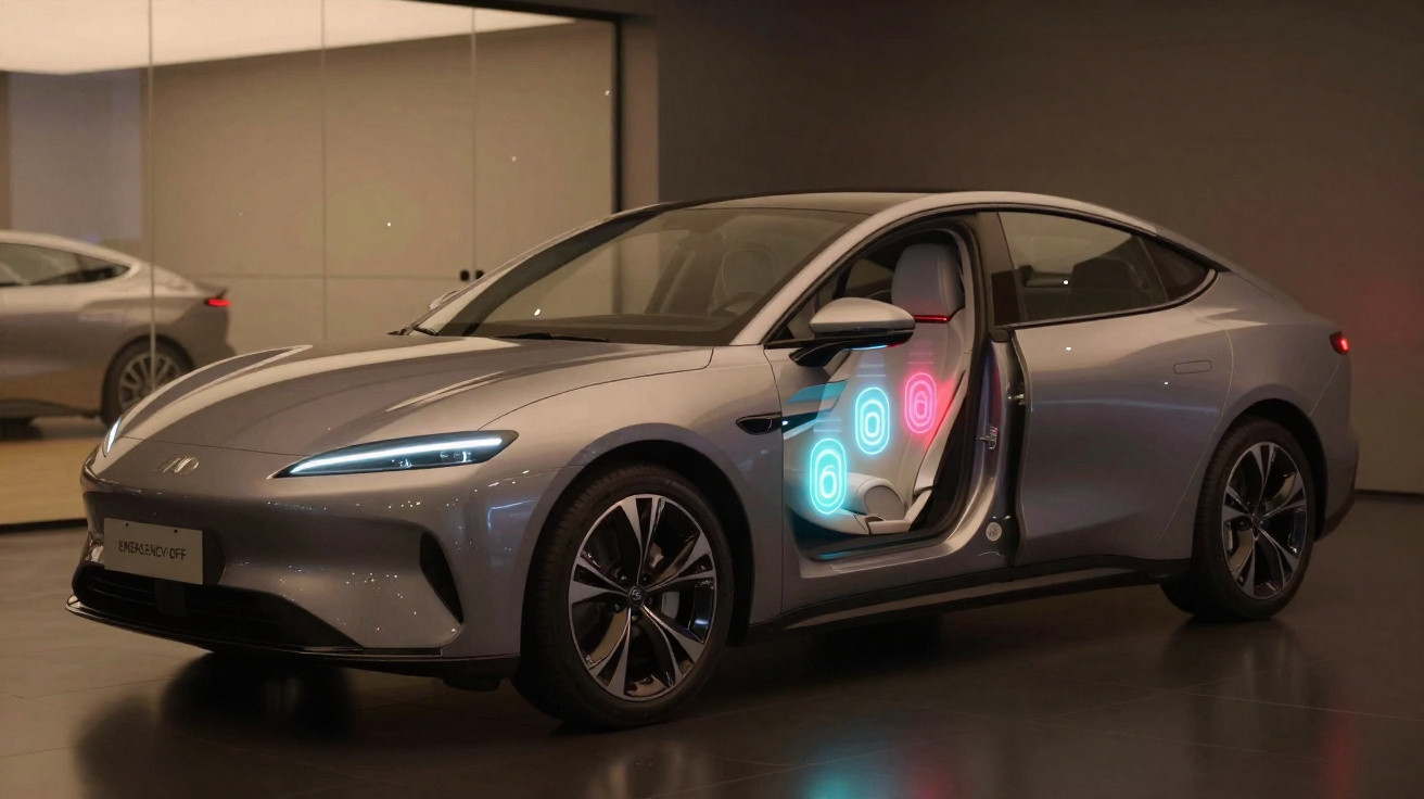 Silbernes Elektroautos mit offener Fahrertür und leuchtenden bunten Lautsprechersymbolen im Innenraum