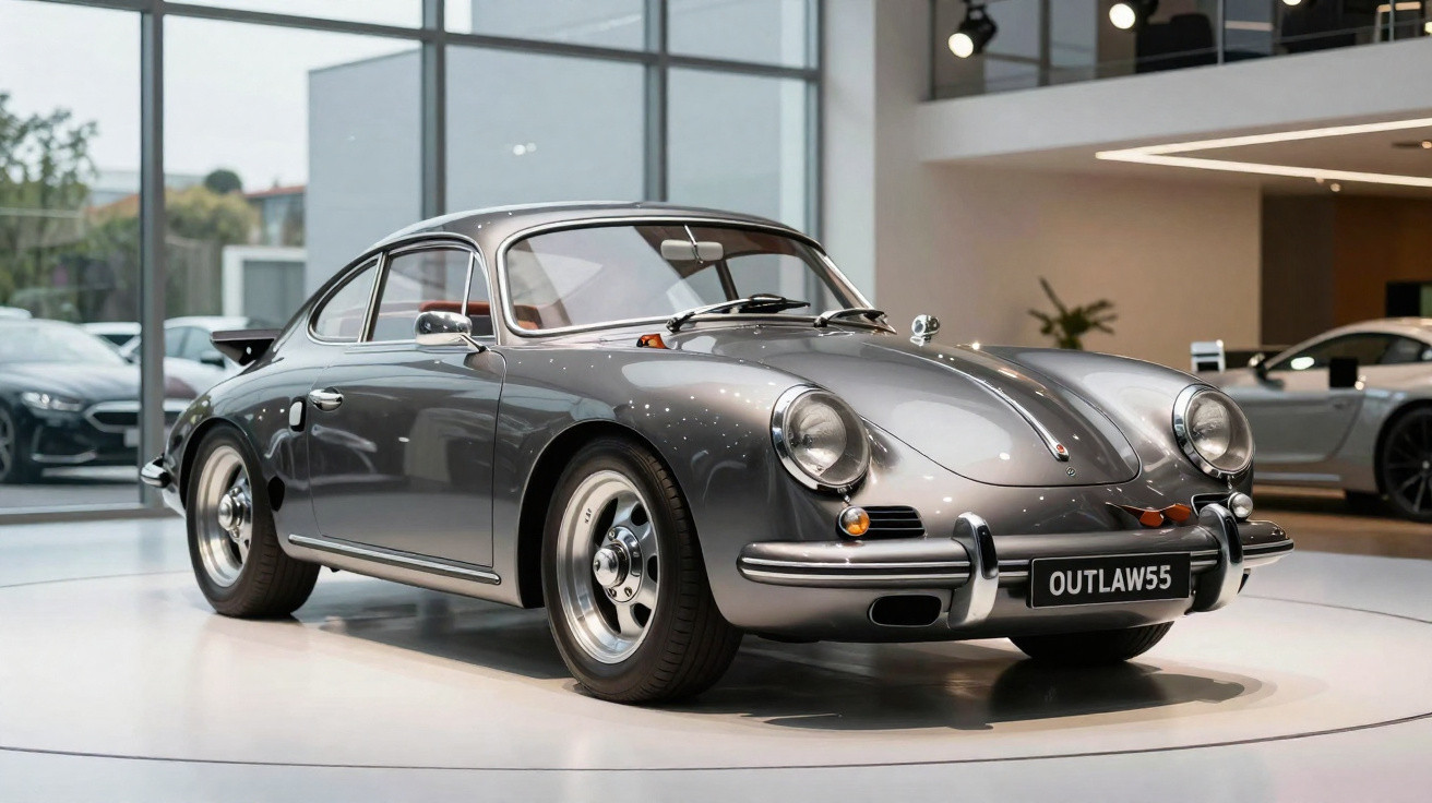 Silberner Oldtimer-Sportwagen Porsche 356 im modernen Ausstellungsraum mit großer Fensterfront.