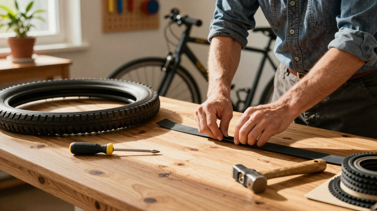 Person repariert Fahrradreifen auf Holztisch mit Reifen, Schraubenzieher und Hammer, Fahrrad im Hintergrund.