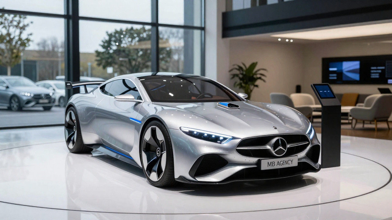 Silberner Mercedes-Benz Elektrowagen als futuristisches Konzeptfahrzeug in modernem Ausstellungsraum.