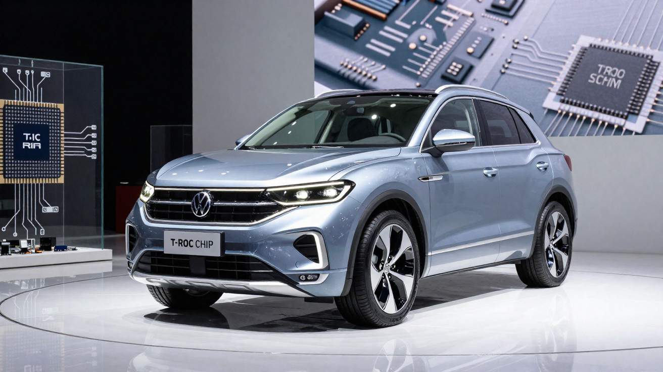 Silberfarbener Volkswagen T-Roc Chip SUV auf Präsentationsbühne vor großem Mikrochip-Hintergrund.