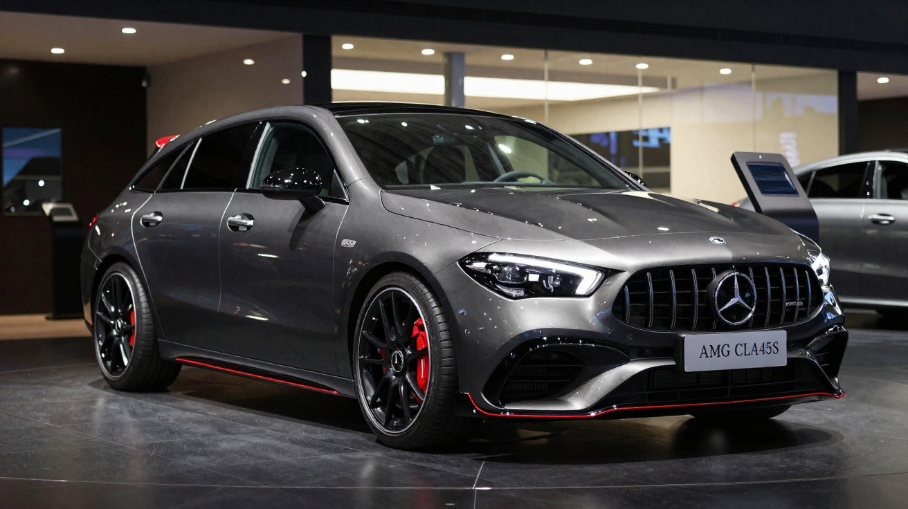 Grauer Mercedes AMG CLA 45 S mit roten Akzenten auf einer Ausstellung, sportlich und modern gestaltet.