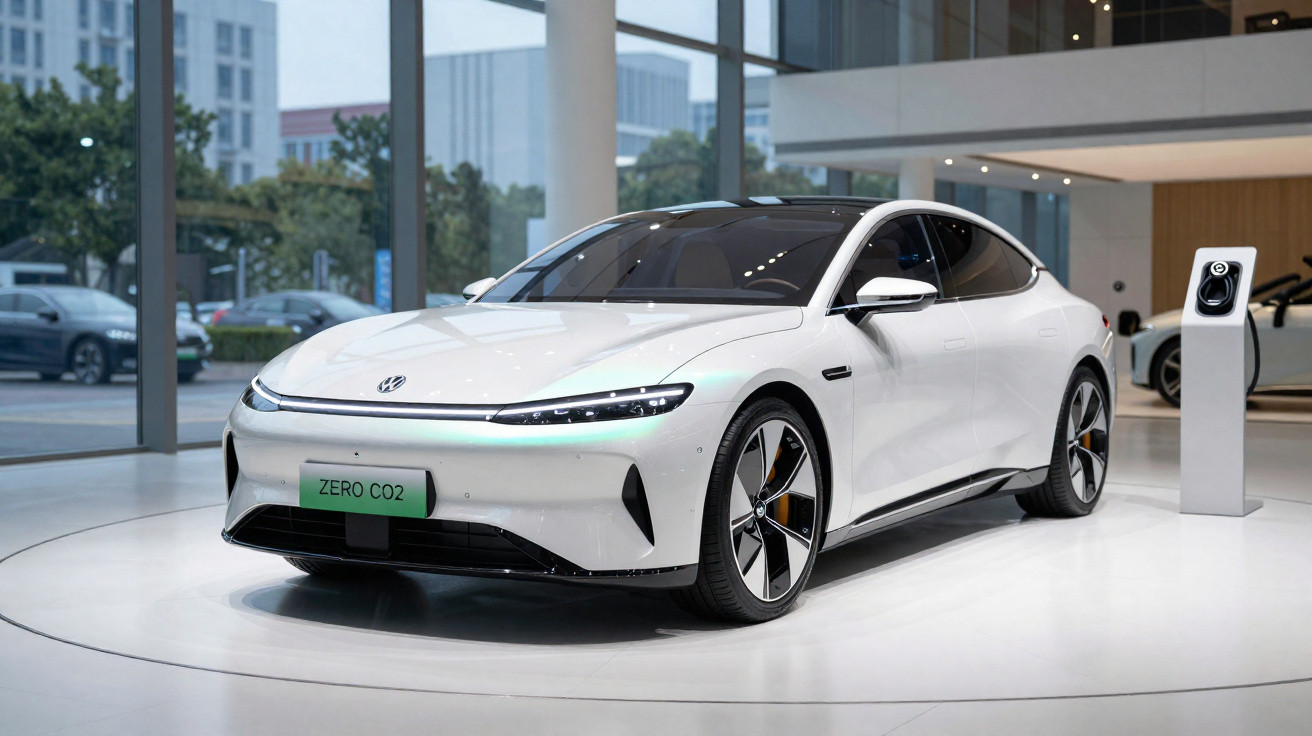 Weißes Elektroauto in modernem Showroom mit "ZERO CO2" Nummernschild und Ladestation.