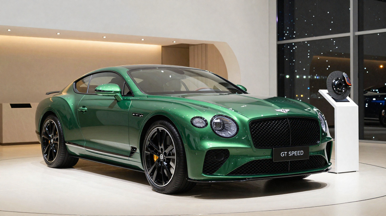 Grüner Bentley GT Speed Sportwagen in moderner Ausstellungshalle auf weißem Boden unter hellem Licht.
