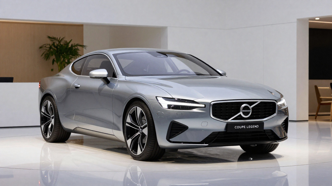 Silberner Volvo Coupé Legend Sportwagen auf glänzendem Boden in modernem Showroom.