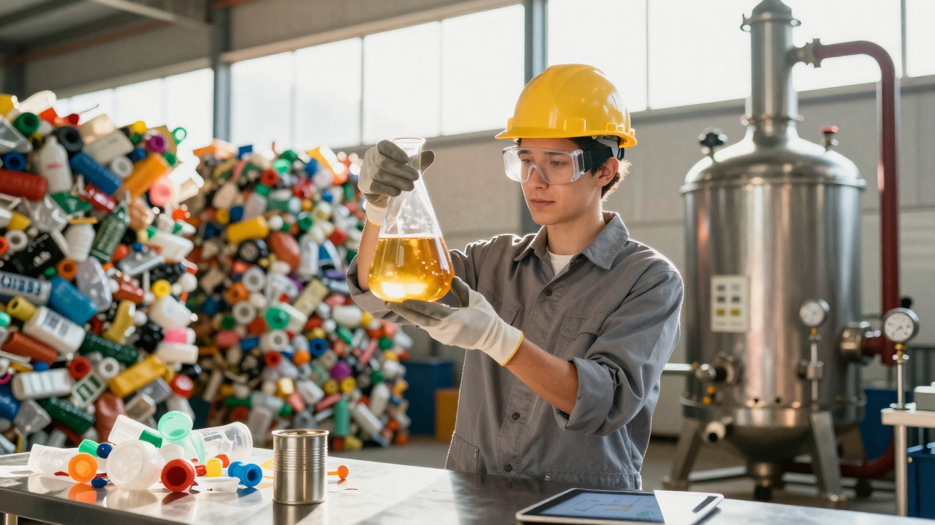 Ingenieur mit Schutzhelm und Handschuhen prüft Flüssigkeit in Laborflasche in Kunststofffabrik.