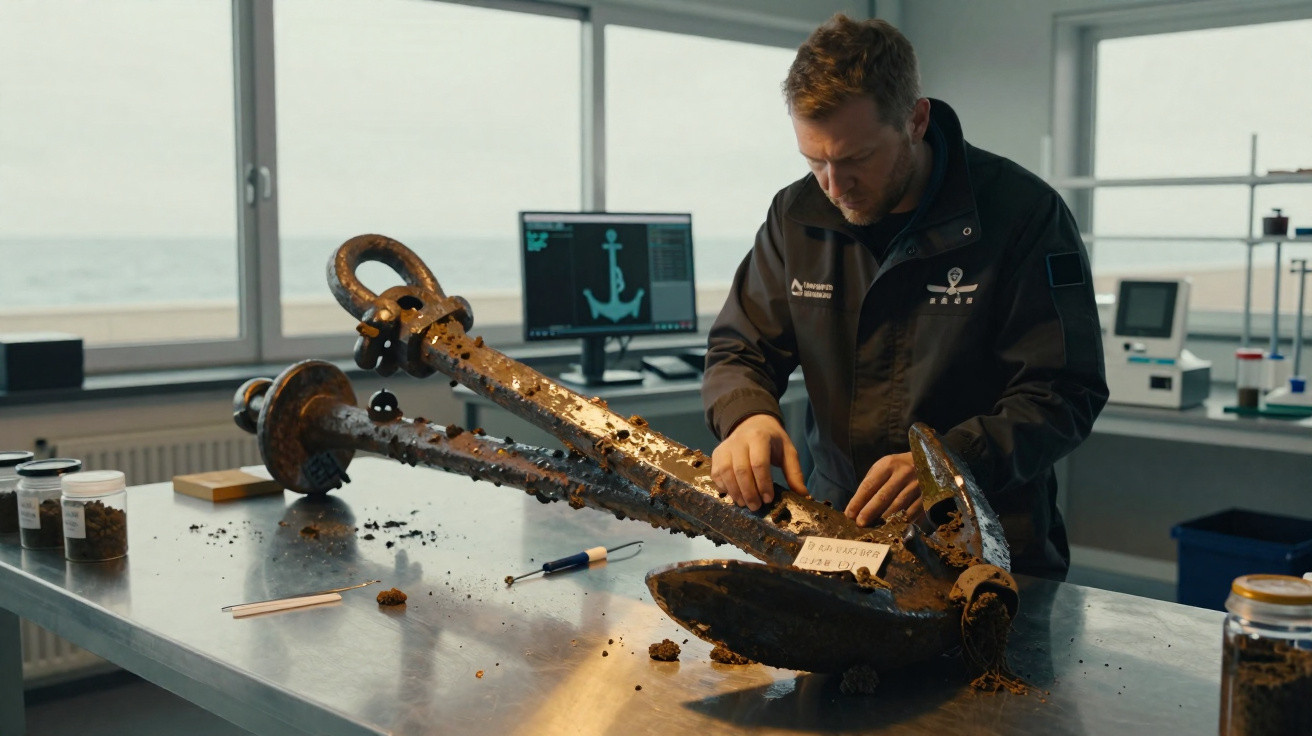 Forscher untersucht einen großen verrosteten Anker auf einem Labortisch in einem modernen Laborraum.