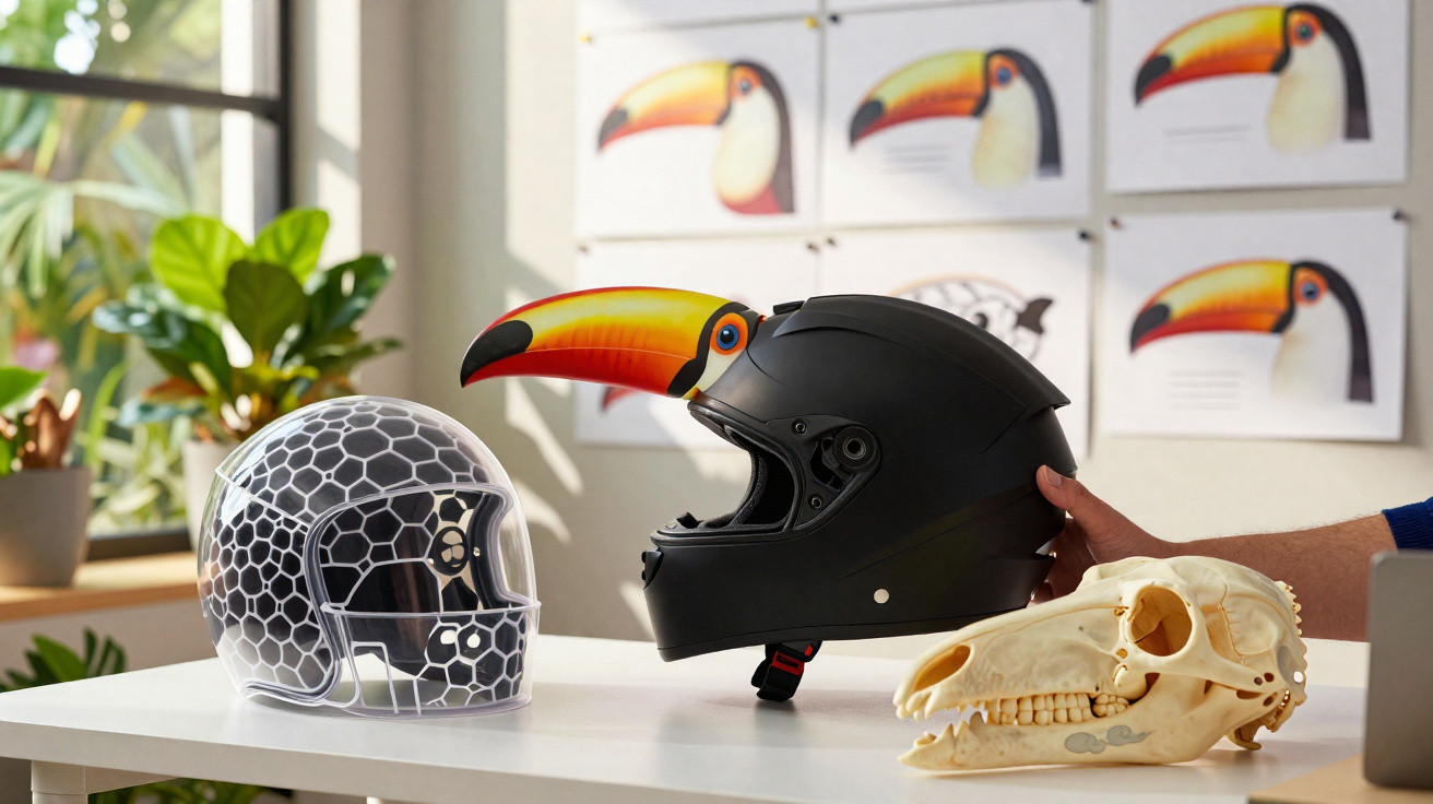 Zwei Helme, einer mit Tukan-Schnabel, und ein Tier-Schädel auf einem weißen Tisch vor Wandbildern.