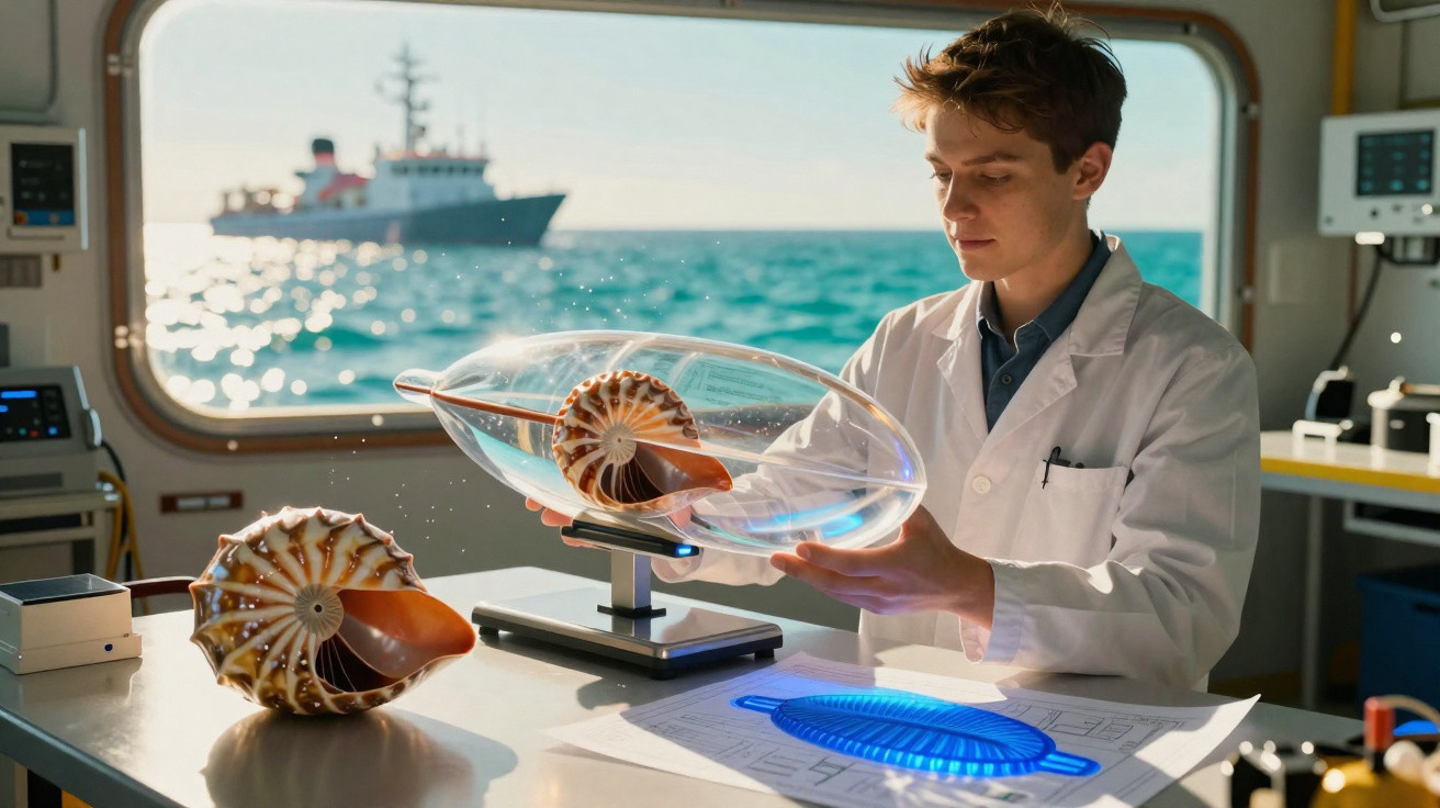 Wissenschaftler im Labor an Bord eines Schiffes untersucht eine Nautilus-Schale unter einer gläsernen Haube.