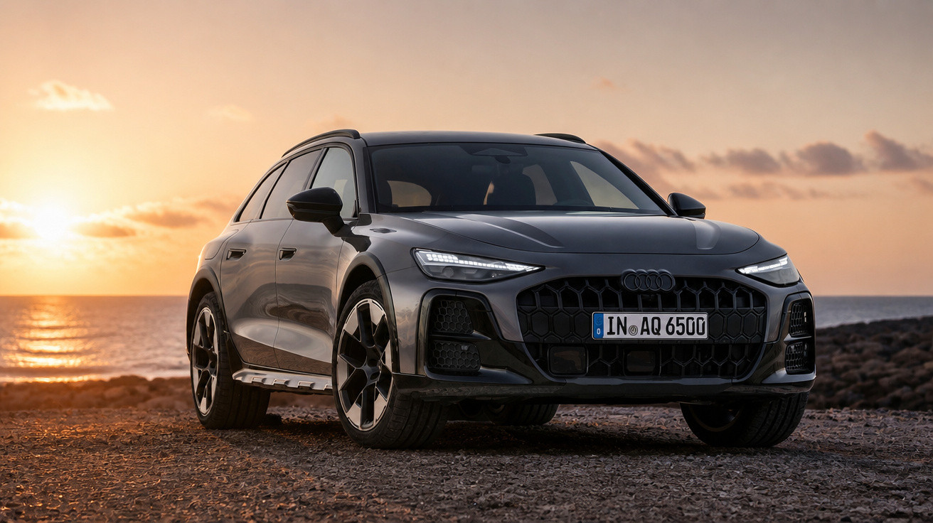 Schwarzes Audi SUV vor Sonnenuntergang am Meer auf unbefestigtem Weg.