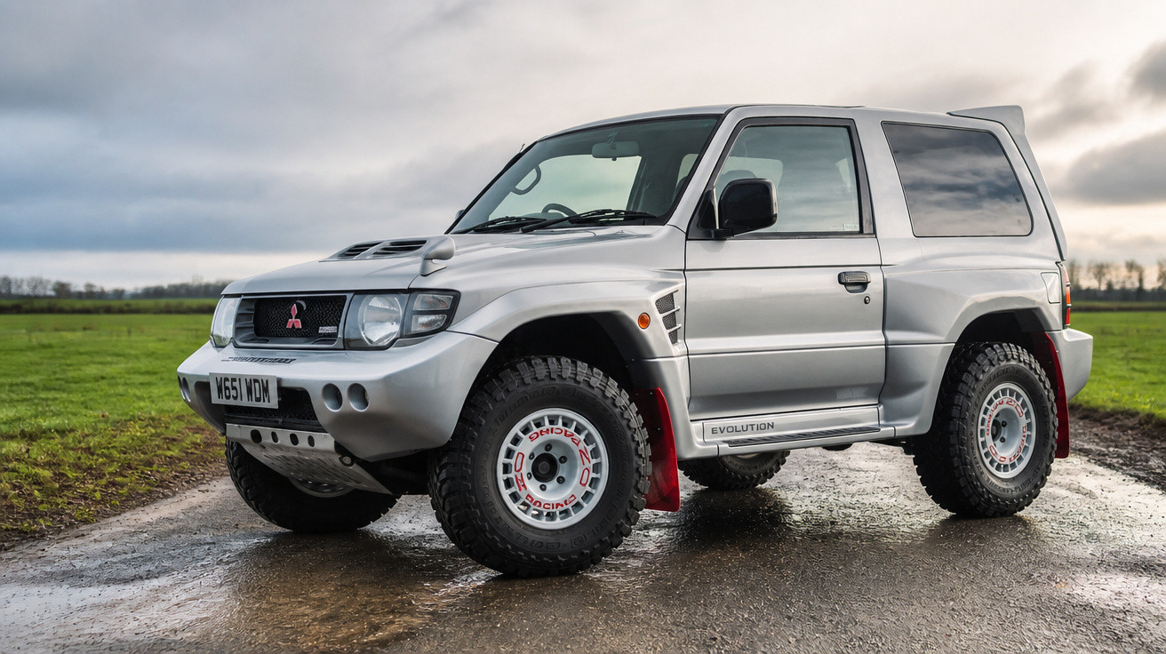 Silberner Mitsubishi Pajero Evolution Offroad-SUV auf nasser Straße vor grüner Landschaft bei bewölktem Himmel.