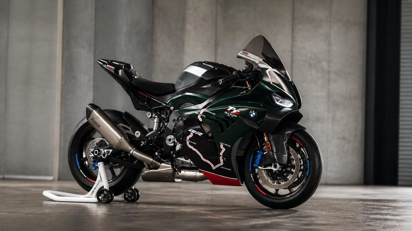 Schwarzes und grünes BMW RR Sportmotorrad auf Ständer vor grauer Betonwand in Halle.
