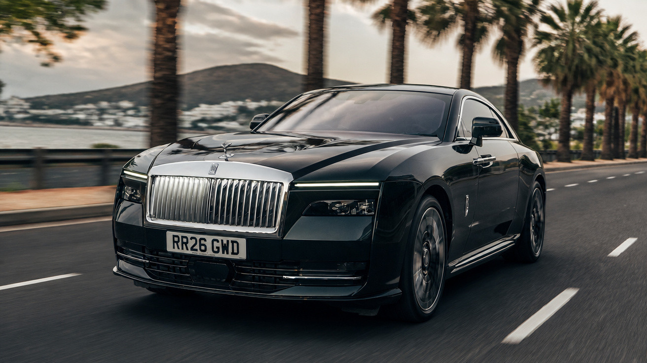 Schwarzer Rolls-Royce Coupé auf palmengesäumter Küstenstraße bei bewölktem Himmel.
