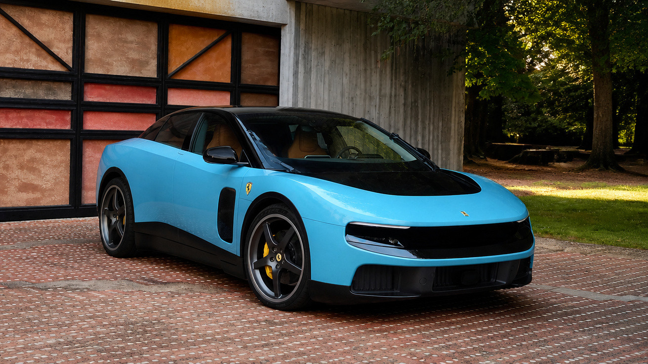 Blau-schwarzer Ferrari-Sportwagen parkt vor modernem Gebäude mit Wald im Hintergrund.