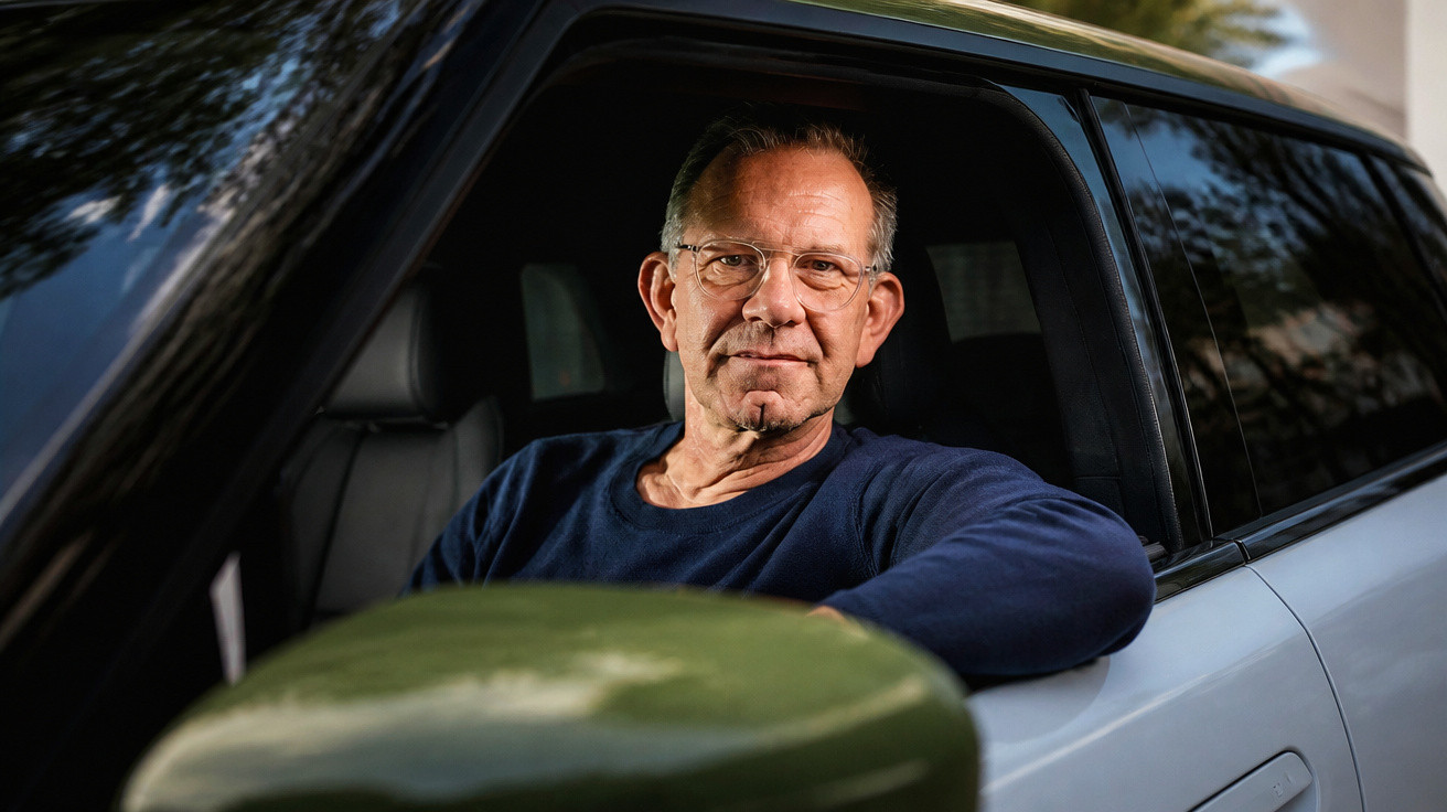 Älterer Mann mit Brille sitzt im Fahrerfenster eines weißen Autos und schaut freundlich in die Kamera.