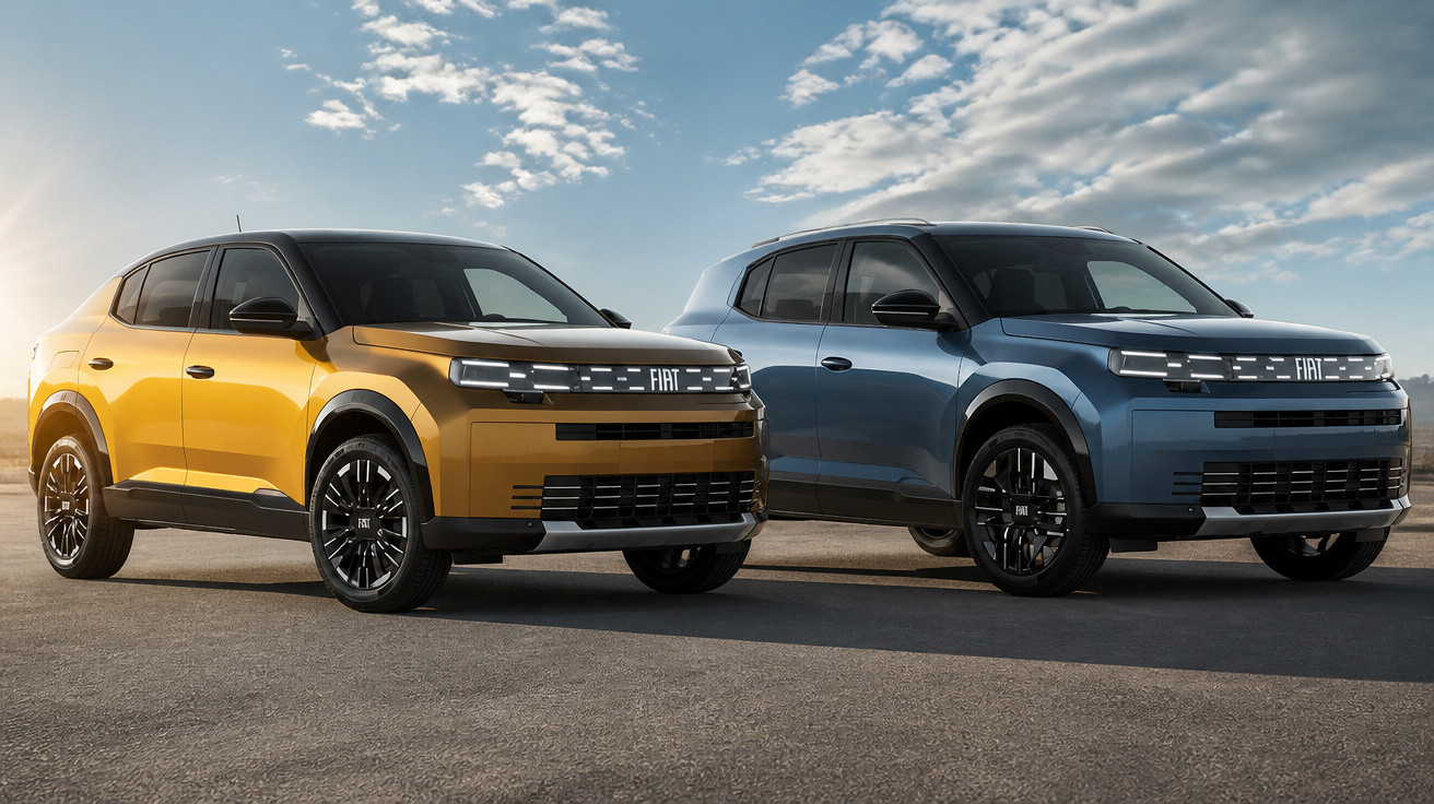 Zwei moderne Fiat SUVs in Gelb und Blau stehen nebeneinander auf Asphalt unter bewölktem Himmel.