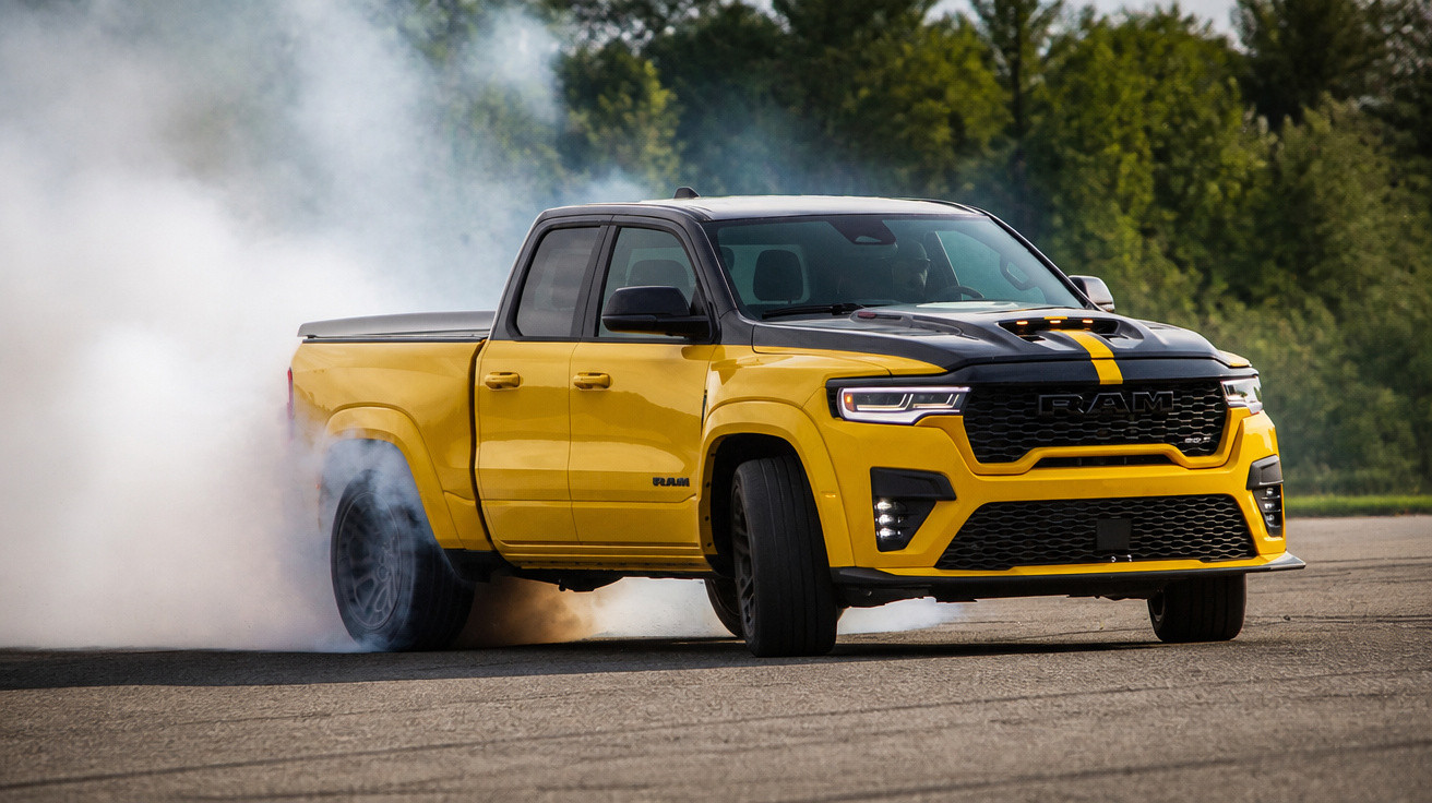 Gelber RAM-Pickup macht eine Reifen-Drift mit Rauch auf Asphalt vor grünem Wald.