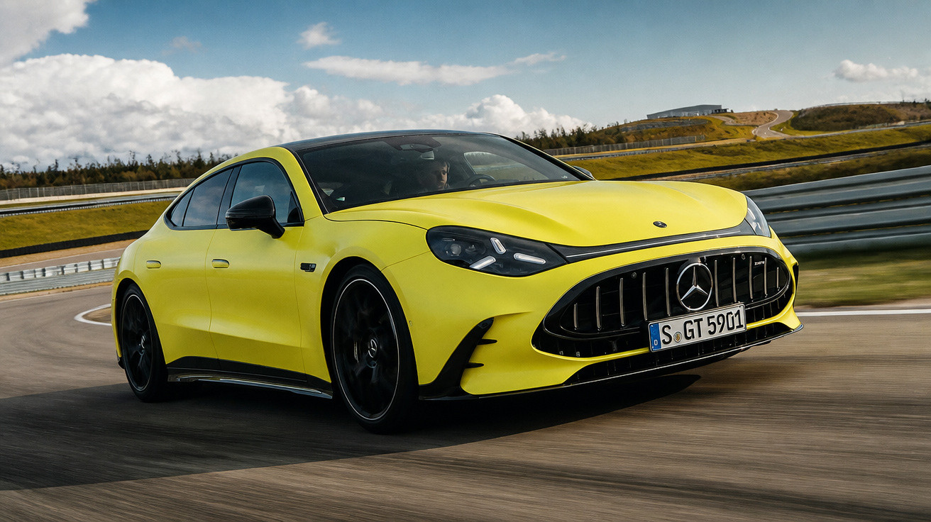 Gelber Mercedes-AMG GT 4-Türer fährt auf Rennstrecke bei bewölktem Himmel.