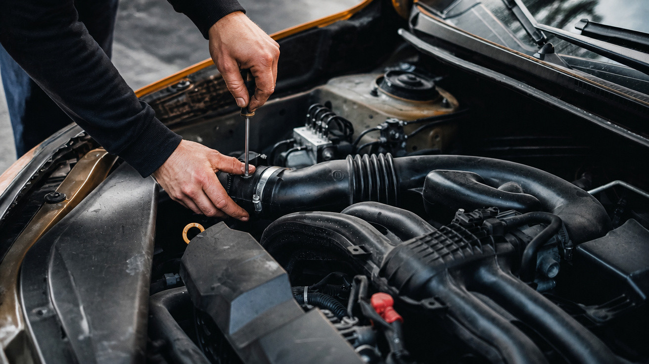 Person schraubt an einem schwarzen Auto-Motor unter geöffneter Motorhaube.