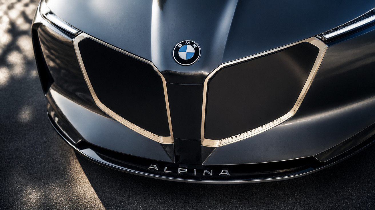 Nahaufnahme der Front eines schwarzen BMW Alpina mit markantem Kühlergrill und Logo.