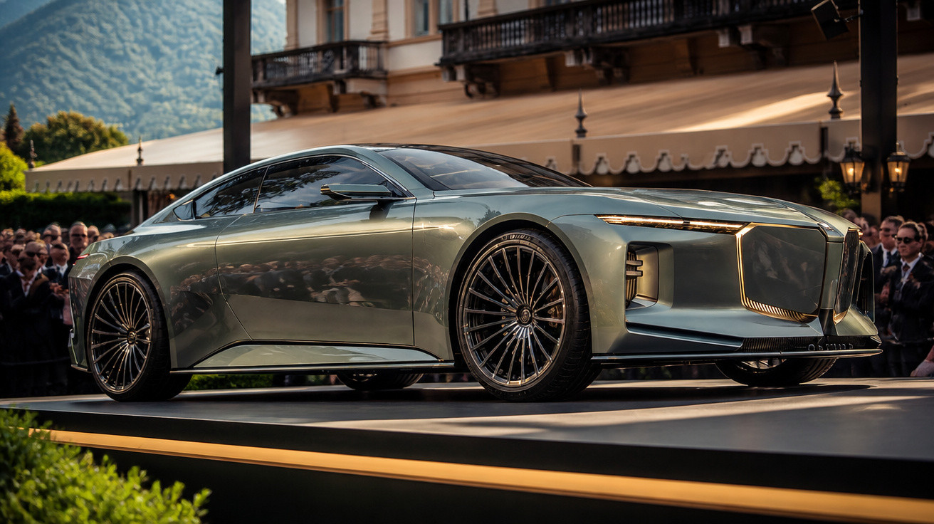 Elegantes grünes Luxusauto mit markantem LED-Frontdesign auf Podest vor Publikum bei Gebäuden.