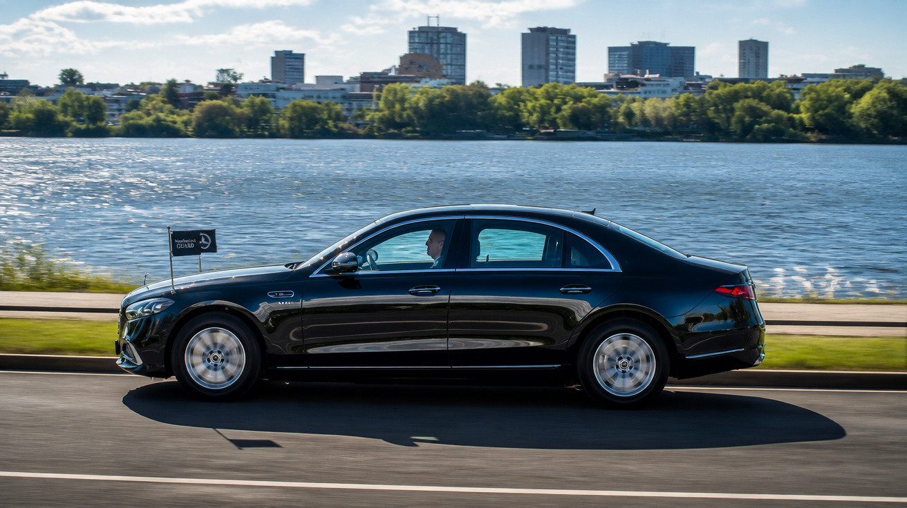 Schwarze Luxuslimousine fährt auf Straße entlang eines Flusses mit Stadt und Bäumen im Hintergrund bei Sonnenschein.