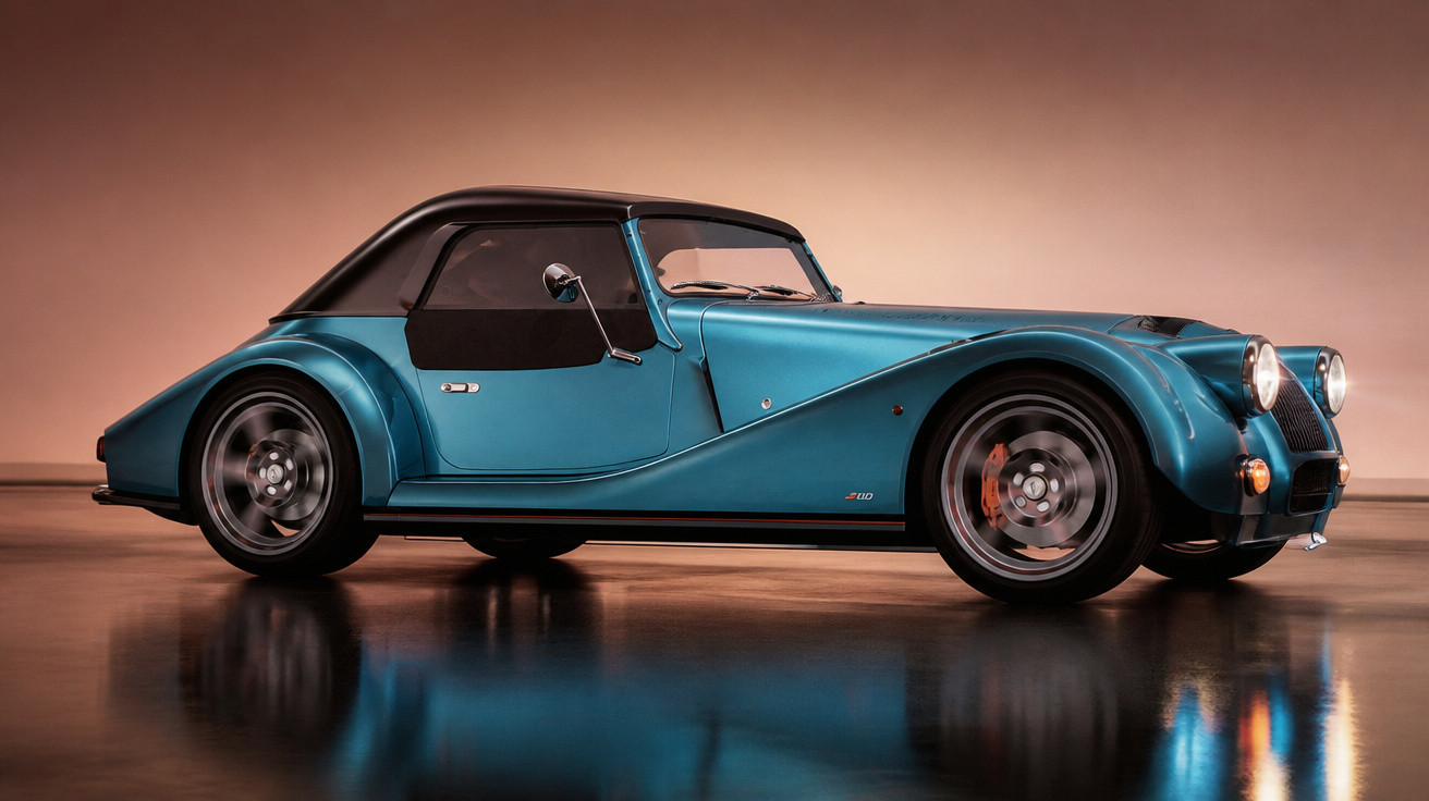 Blauer klassischer Sportwagen mit schwarzem Dach, elegante Linien und reflektierender Bodenoberfläche