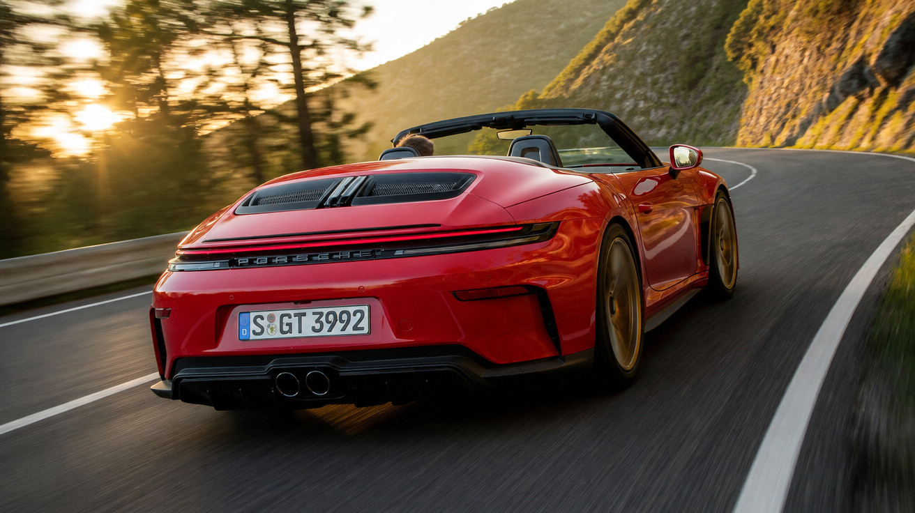 Roter Porsche 911 Cabrio fährt kurvenreiche Bergstraße bei Sonnenuntergang, Fahrer erkennbar von hinten.