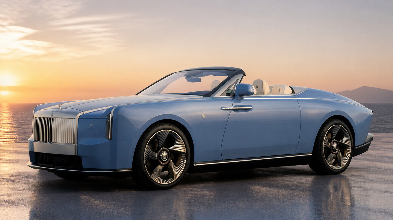 Blauer Rolls-Royce Cabriolet bei Sonnenuntergang auf reflektierendem Boden mit Meer und Berg im Hintergrund.