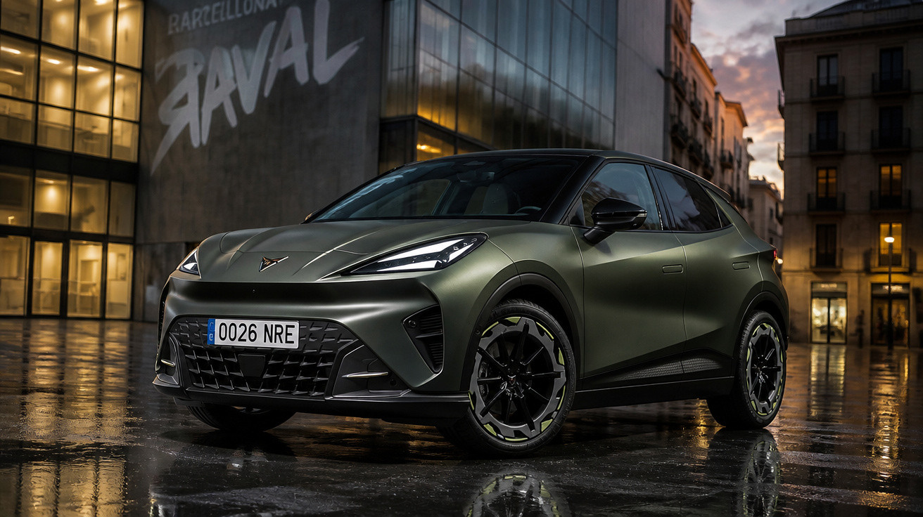 Mattschwarzes sportliches Elektroauto steht bei Dämmerung vor modernen und historischen Gebäuden auf nassem Pflaster.