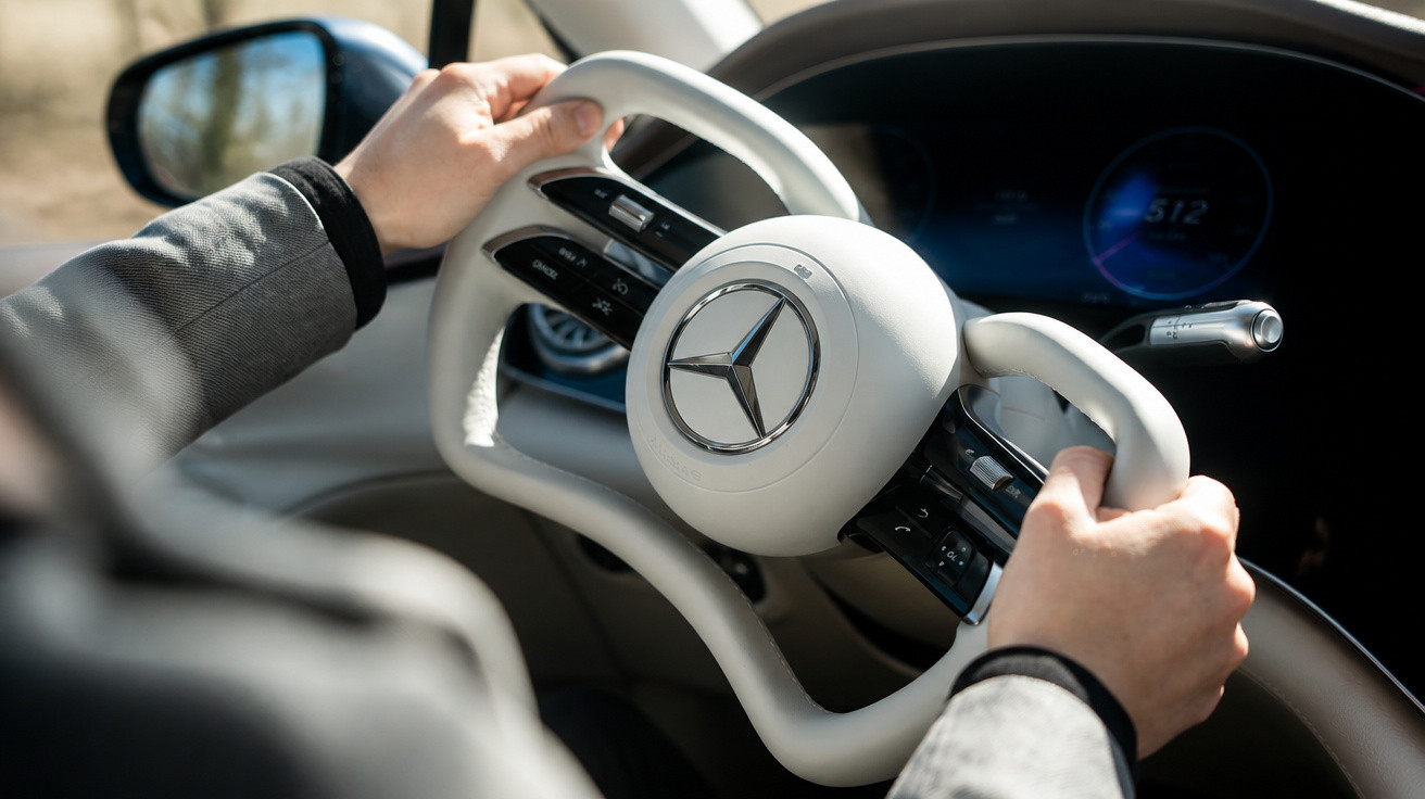 Person hält Lenkrad eines weißen Mercedes mit innovativem Design im Fahrzeug innenraum