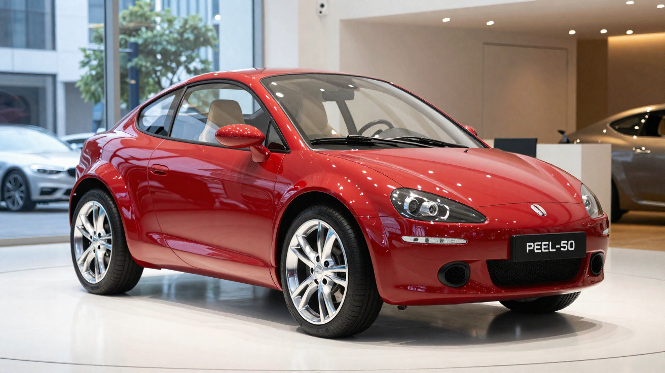Roter Peel-50 Sportwagen in moderner Ausstellungshalle, glänzend und kompakt mit LED-Scheinwerfern.
