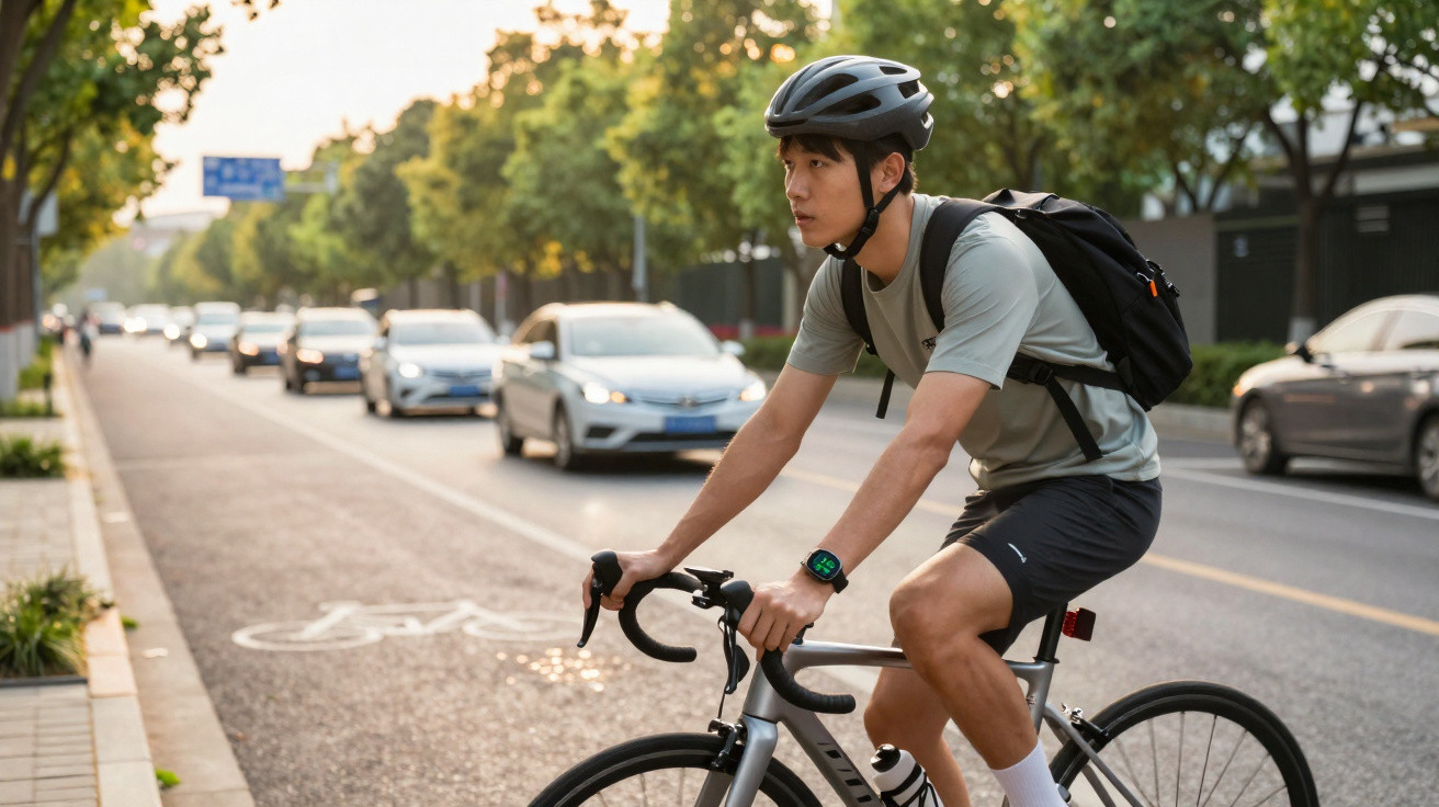 Junger Mann mit Helm und Rucksack fährt Fahrrad auf Radweg neben belebter Straße mit Autos.