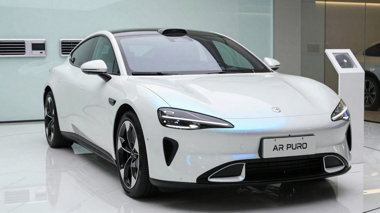 Weißes Elektroauto AR PURO in modernem Showroom mit glänzendem Boden und LED-Scheinwerfern.