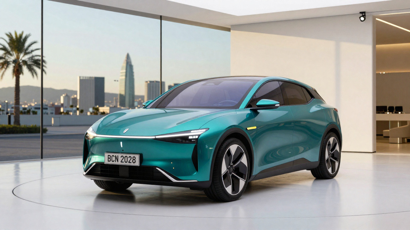 Türkisfarbener Elektro-SUV in modernem Showroom mit Panoramafenstern und Stadtblick im Hintergrund.