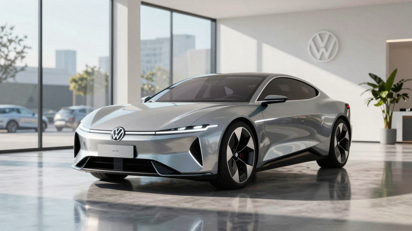 Silberner Volkswagen Elektro-Sportwagen in modernem Showroom mit großen Fenstern und Pflanzen.