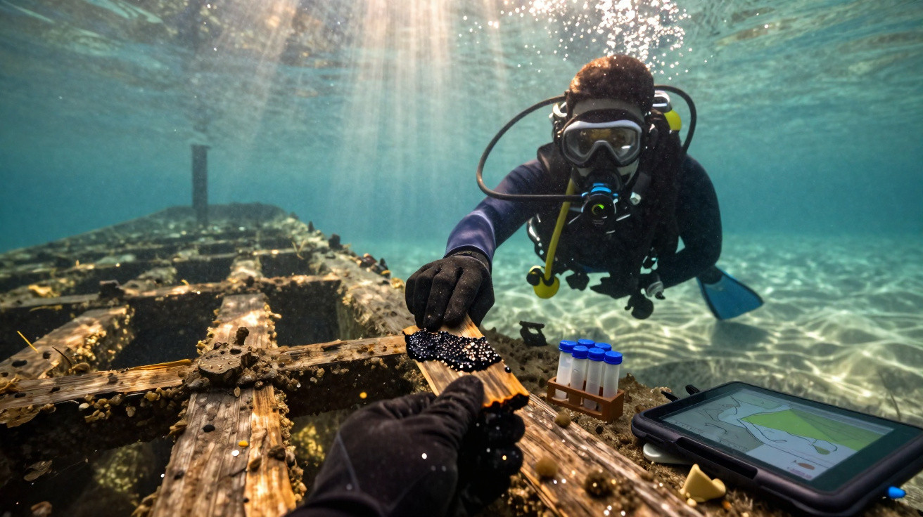 Taucher untersucht Unterwasserwrack mit Tablet und Probenbehältern bei klarem Wasser und Sonnenstrahlen.