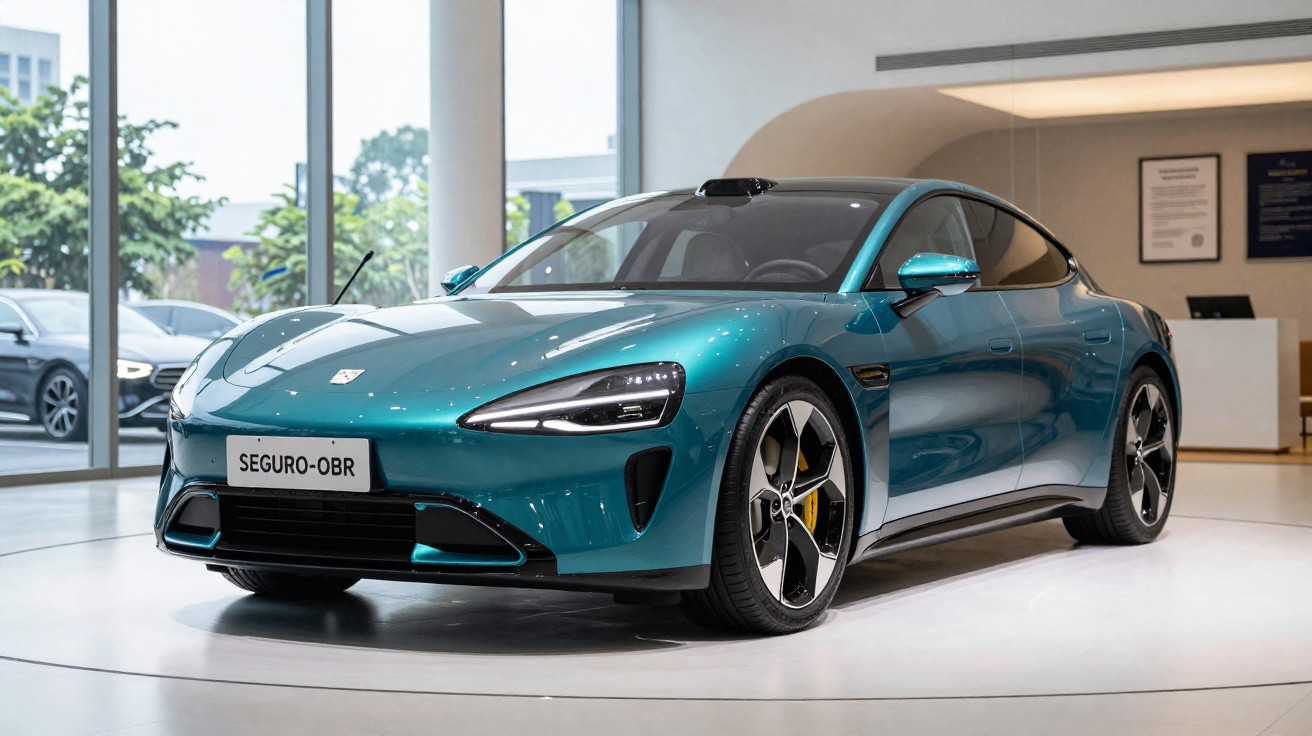 Blaugrünes modernes Elektroauto mit sportlichem Design in einem hellen Ausstellungsraum.