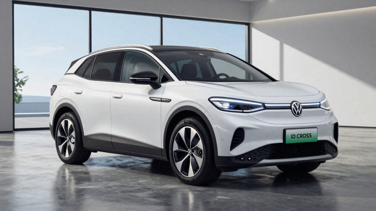 Weißer Volkswagen ID. Cross SUV in modernem Raum mit großen Fenstern und Betonboden.