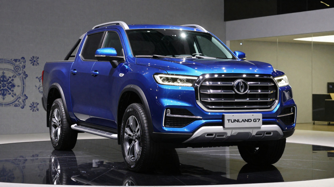 Blauer Dongfeng Tunland G7 Pickup auf Messeplattform mit reflektierendem Boden und grauem Hintergrund.