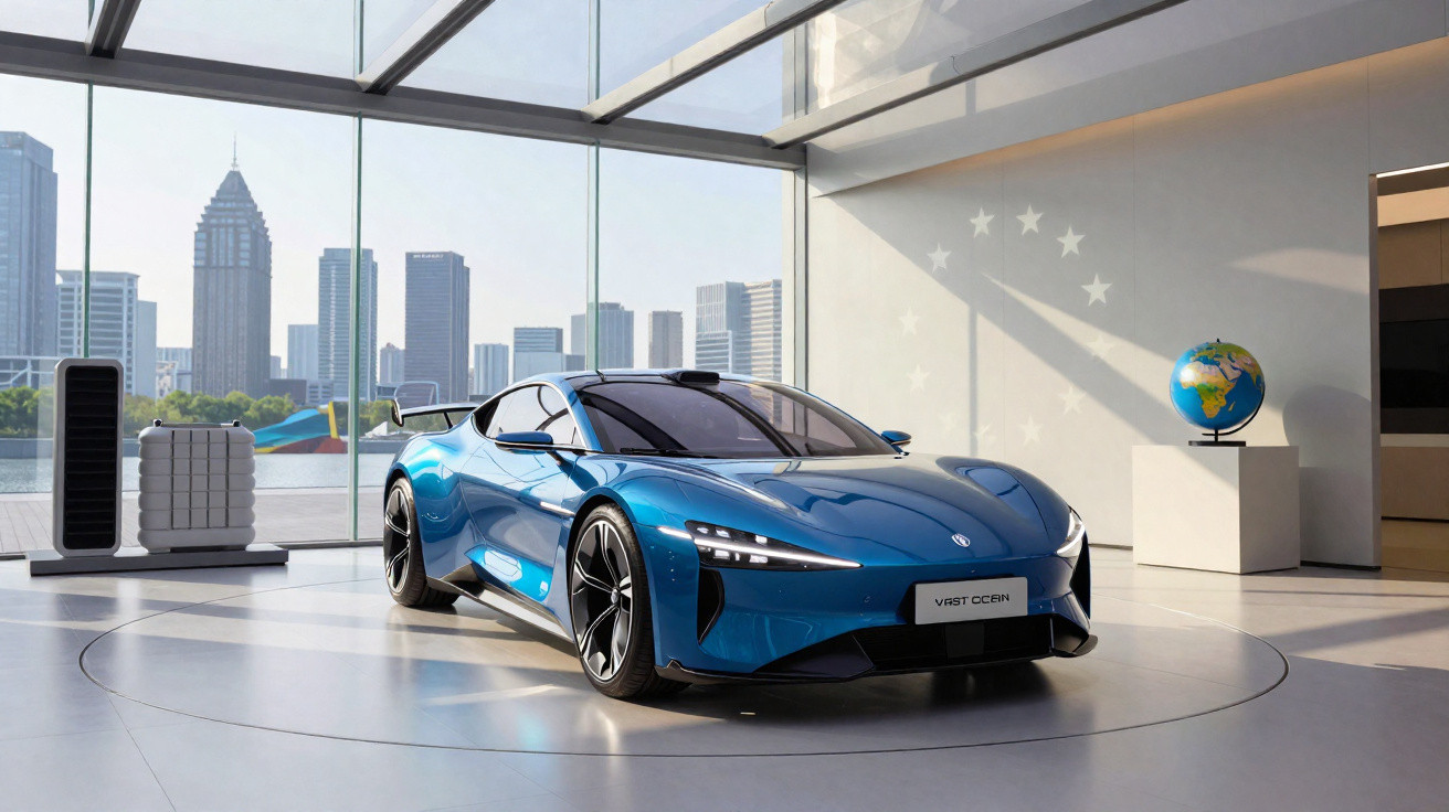 Blauer Sportwagen im Ausstellungsraum mit Panoramafenstern und Stadtblick im Hintergrund.
