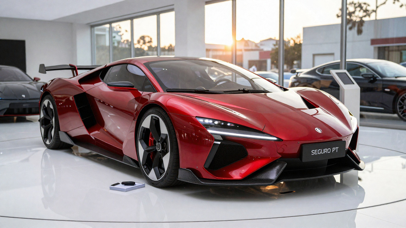 Roter Supersportwagen auf weißem Ausstellungsboden mit großen Fenstern im Hintergrund.