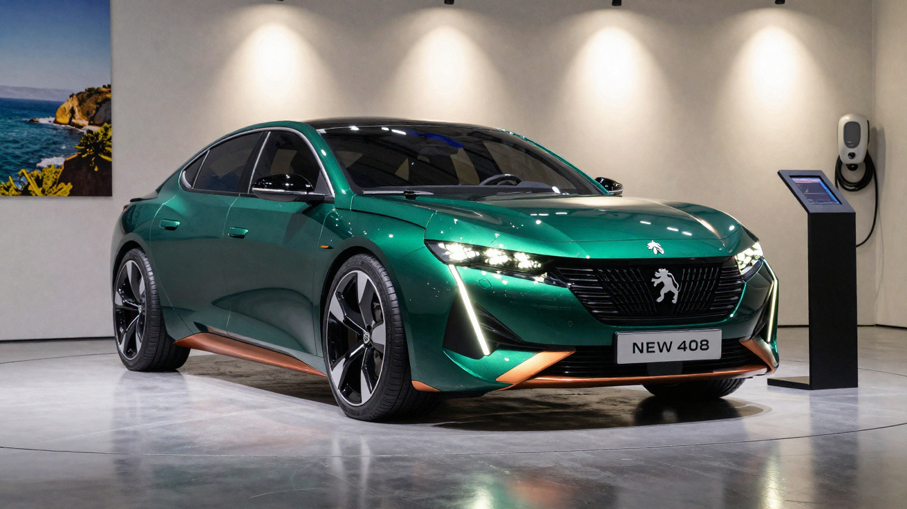 Grüner Peugeot New 408 steht beleuchtet in moderner Ausstellungsraum mit Ladestation und Informationsdisplay.