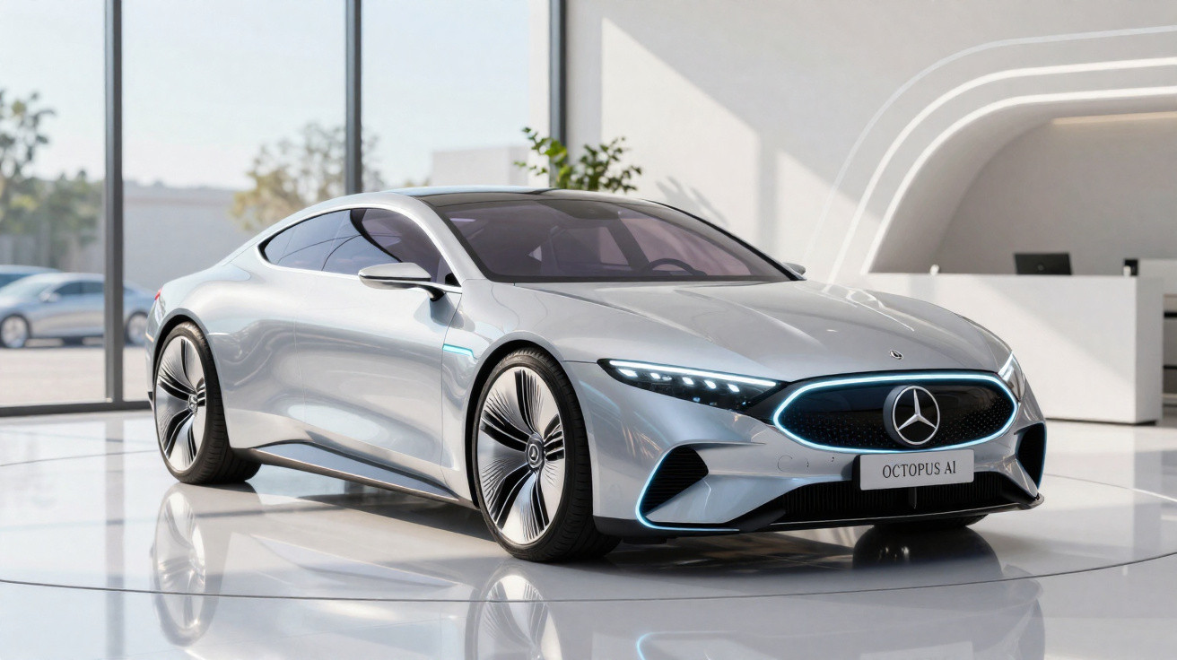Silberner Mercedes Octopus AI Sportwagen mit futuristischem Design in modernem Ausstellungsraum.