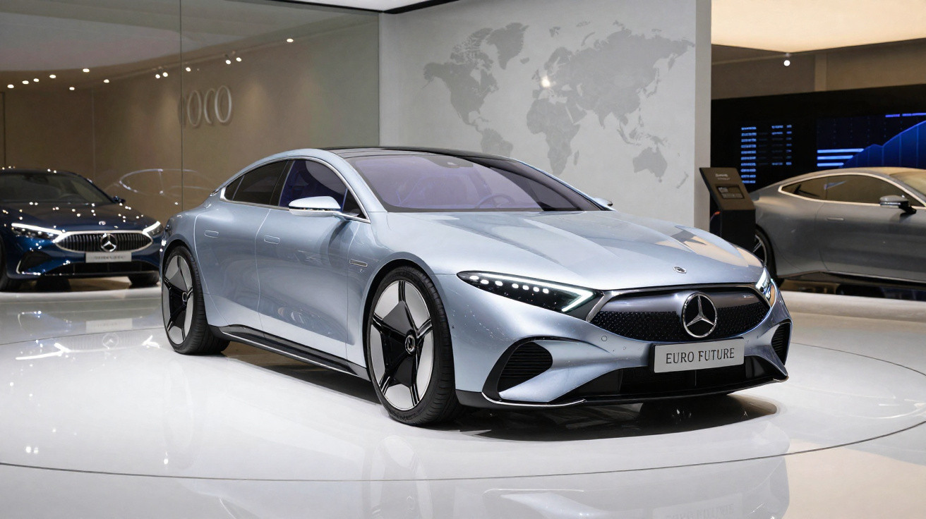 Silberner Mercedes-Benz Elektrofahrzeug mit sportlichem Design auf weißem Messeboden in Ausstellungshalle.