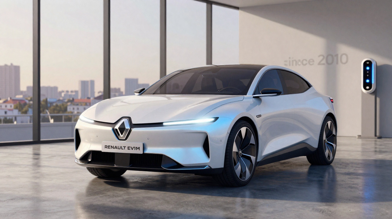 Weißes Renault EV 1M Elektroauto in modernem Showroom mit großen Fenstern und Ladestation.