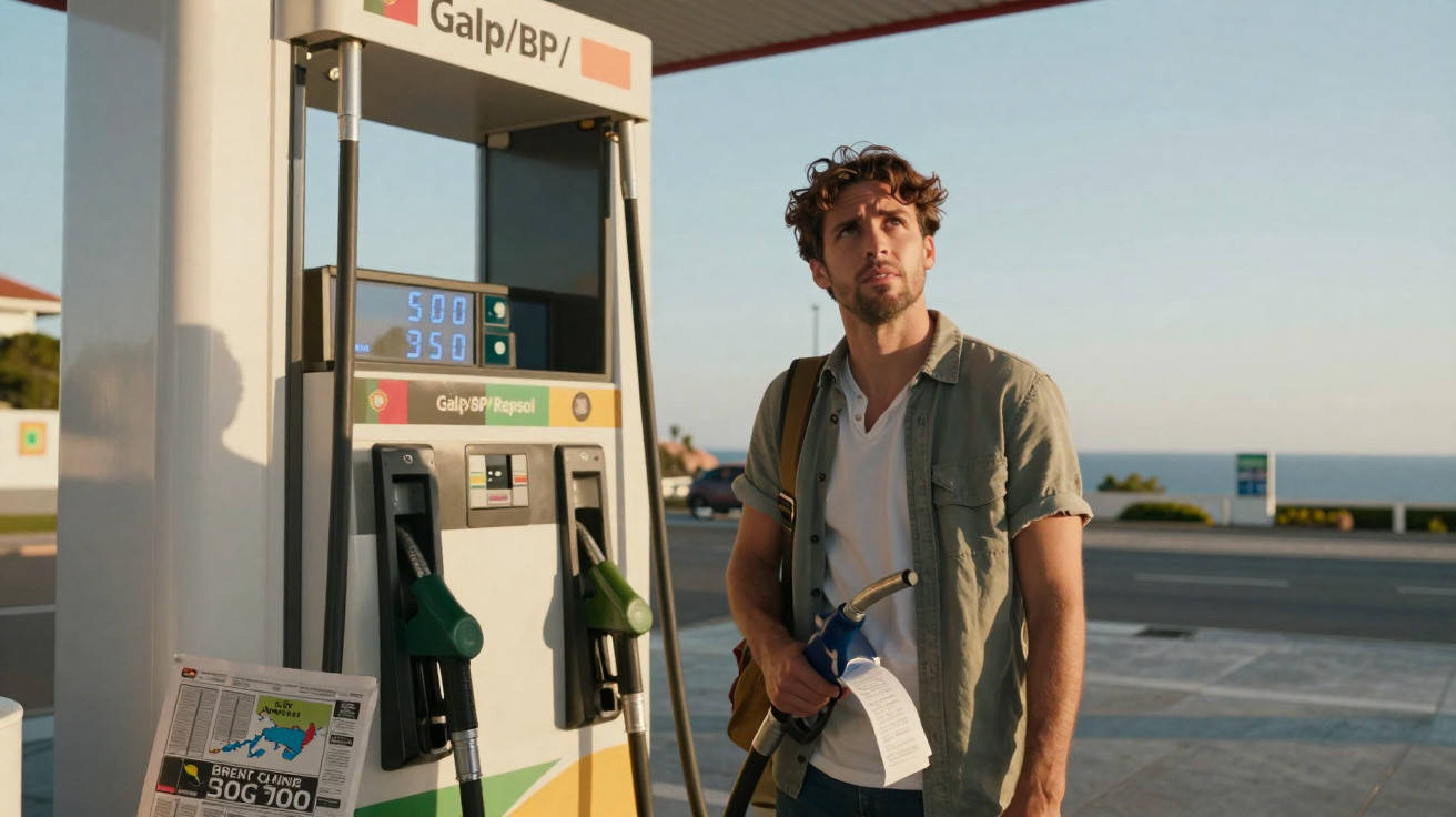Mann an Tankstelle hält Zapfhahn und Kassenzettel, blickt nachdenklich, Abendlicht, Meer im Hintergrund.