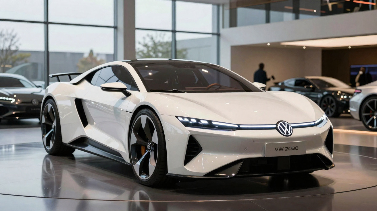Weißer VW 2030 Sportwagen mit LED-Scheinwerfern in modernem Autohaus auf glänzendem Boden.