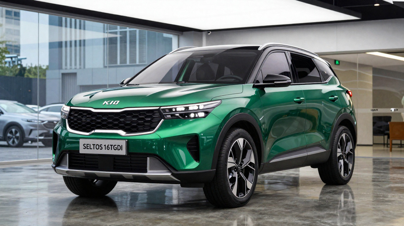 Grüner Kia Seltos 16TGDI SUV steht in modernem Showroom mit Glasfenstern und reflektierendem Boden.