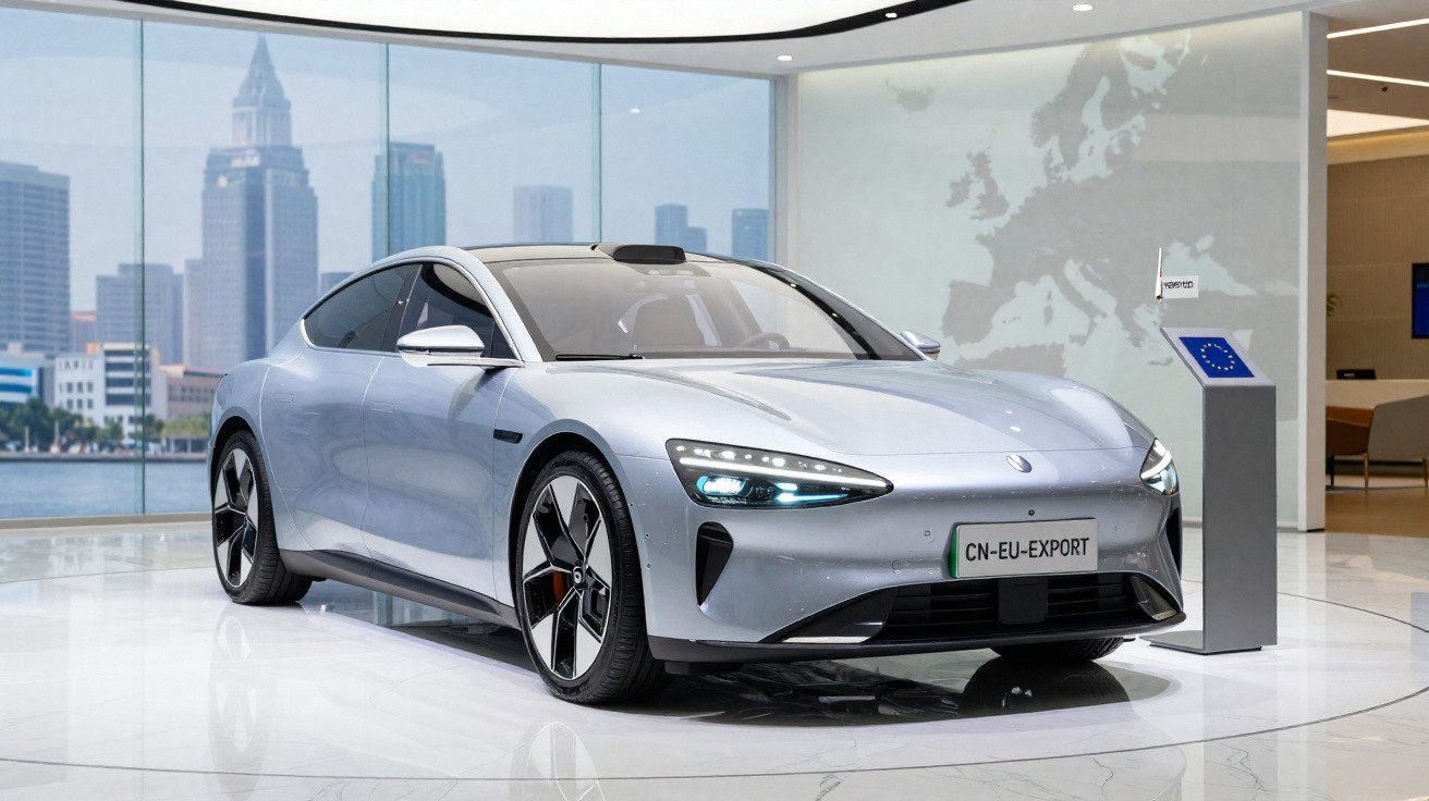 Silbernes Elektroauto auf Präsentationspodest in modernem Ausstellungsraum mit Stadtblick.